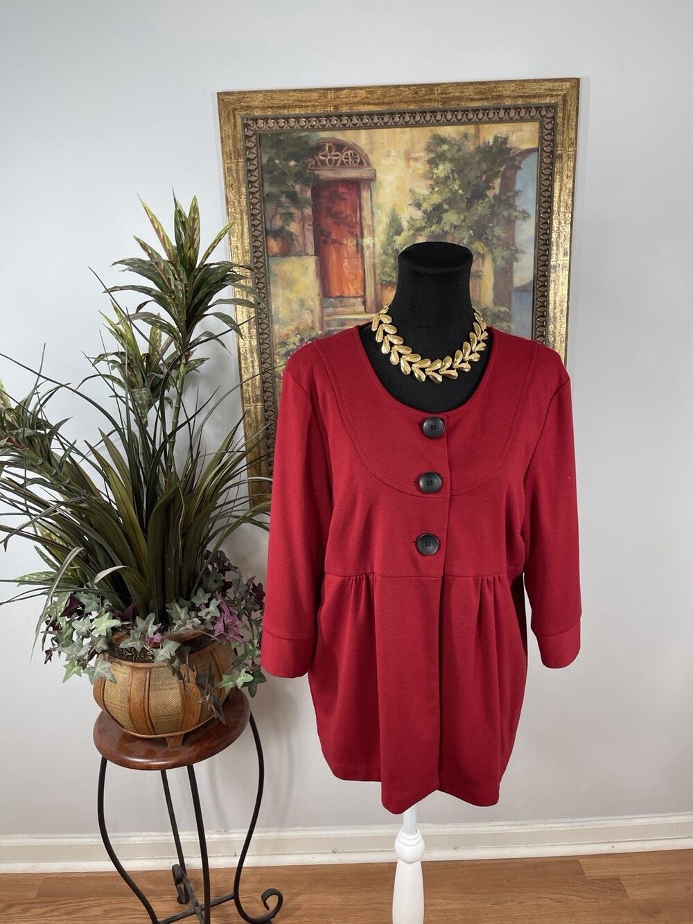 Red 3/4 Sleeve‎ Button Front Tunic Top Womens Large Stretch Empire Waist Boho